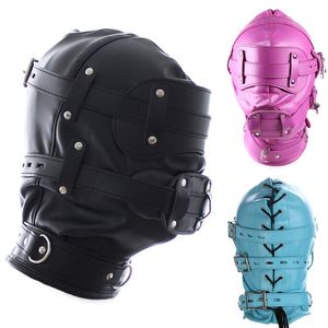 Adult Toys 3 Colour Fetish Leather Total Lockdown Bondage Hood with Silicone Mouth Gag Dildo Openable Eye Mask Slave Adult Games Sex Toys 230413