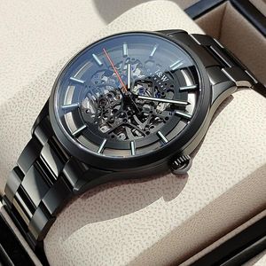 Orologi da polso Nero Stile retrò Uomo Orologio meccanico automatico Scheletro Steampunk Acciaio inossidabile Mens Orologi da polso a carica automatica Reloj