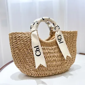 Strand woody väska halm kvinnor herr designer lyx raffia väv koppling handväska crossbody axel shopping väskor topphandtag pochette berömd stor tygväska handväska h