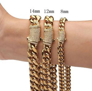 18K Gold Tone 316L Stainless Steel Cuban Link Chain Curb Cuban Link with Diamonds Clasp Lock 6mm/8mm/10mm/12mm/14mm Chocker for Men Women