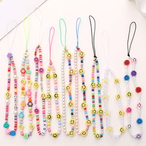 Polímero argila sorriso charme corrente anti-perdido pulseiras pulseiras artesanais diy caso de telefone celular cordão chaveiro frisado colorido pendurado cabo universal