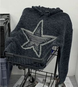 Suéteres masculinos streetwear moletom com capuz vintage estrela padrão bordado casal moletom com capuz de malha jumper inverno y2k suéter solto harajuku top 231113