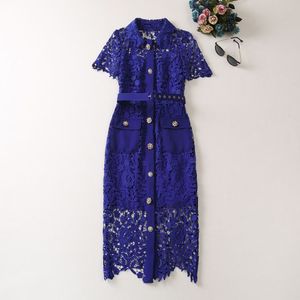 2023 Summer Blue Floral Lace Belted Dress Kort ärm Lapel Neck Double Pockets Single-Breasted Casual Dresses A3A101527