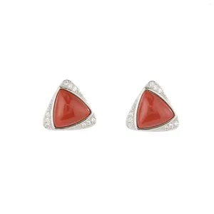 Studörhängen ES340 ZFSILVER S925 Silver Korean Fashion Hetian Jade South Red Agate Turquoise Luxury Triangle Jewelry Women Match-All-All-All