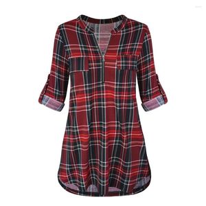 Women's Blouses Womens Casual Rolled Sleeve Blouse Sexy Zipped V-neck Plaid Tunic Tops Spring Summer Fashion And Shirts Chemise VD3837