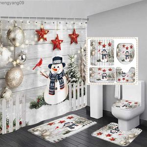 Shower Curtains Cute Snowman Christmas Shower Curtain Set Silver Snowflake Xmas Balls Bathroom Decor Rug Bath Mat Toilet Cover R231114