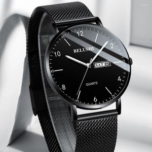 Armbandsur 2023 Säljer svart stålnät armbandsur Datumvecka Lysande manlig klocka enkel timme ultra tunn kvarts klocka för män