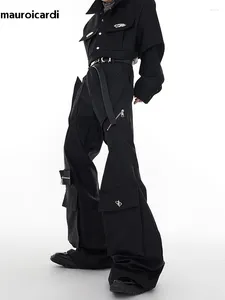 Мужские брюки Mauroicardi, осенние черные расклешенные мужские брюки с трехмерным карманом, уличная одежда с высокой талией, мужская одежда, европейская мода