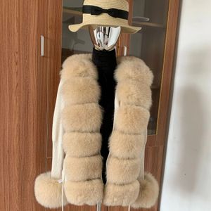 Womens Fur Faux Fashion Real Fox Sticked Cardigan Coat Natural Raccoon Plus Sweater Spring and Autumn Jacke 231113