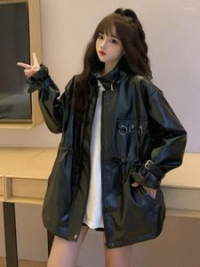 Women's Leather Korean Style Motorcycle Jacket Women Black Loose Thin PU Faux Coat Female 2023 Autumn Streetwear Lady C