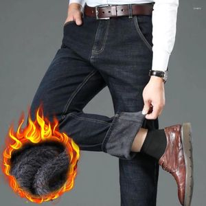 Jeans masculinos outono inverno denim para mais veludo negócios moda elástico regular ajuste calças retas tamanho grande