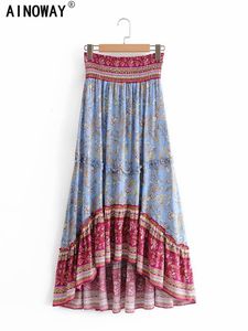 Skirts Vintage Chic Hippie Women Floral Print Beach Bohemian Long Skirt High Waist Rayon Cotton Asymmrtrical Boho Skirts Femme 230414