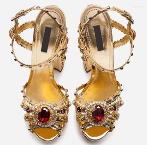 A114 Femmes Summer Sandals 2023 Shoes Gold Hollow Rhine-Drill 14cm High Heels Open Toe Thick Water Proo