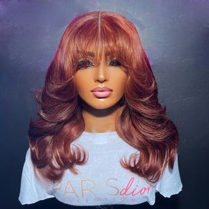 Brazilian Reddish Brown Colored Body Wave Wig with Bang Short Lace Front Wig Human Hair Wig for Women Glueless Wear Go Synthetic Wig