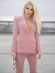 Kvinnors tvådelade byxor Modphy 2023 modedesigner ol Solid Crystal Office Career Suit Set Women Elegant Single Button Diamonds Blazer