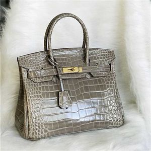 Platinum Bag Tote Handgjord designer Crocodile Cowhide Women's Quality Fashion Handheld One Shoulder Crossbody Original Logo äkta läder