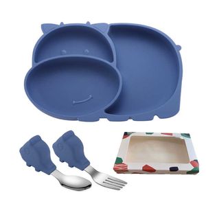 Tazze Piatti Utensili 4 Pz / set Piatto per bambini Simpatico cartone animato creativo Mucca Stoviglie Alimentazione per bambini Piatto in silicone per colazione Nursning Con cucchiaio forchetta Set AA230413