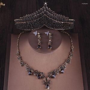 Pinces à cheveux baroques couleur or noir cristal coeur ensembles de bijoux de mariée strass couronnes diadèmes collier boucles d'oreilles mariage Dubai ensemble