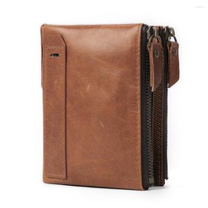 Portfele RFID Męski portfel = moda podwójna skóra zamek błyskawiczna krótka torebka torebka sprzęgła Student