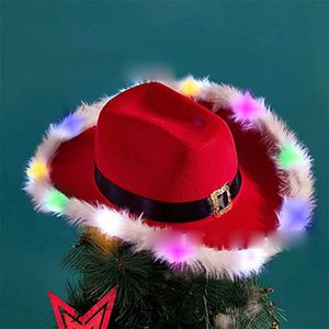 Regalo di Natale Cappello da cowboy di Babbo Natale Cappello da cowboy in feltro natalizio con bordo in piume glitterate bianche arruffate bianche