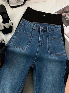 Kadın kot pantolon klasik yüksek bel parlama kot pantolonlar vintage cepler ince düz pantolonlar tüm maç gevşek yıkanmış denim pantolon 230413