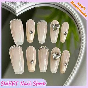 Falska naglar naglar lapp färdig produkt mild älva rökrosa fina glitter rhinestone brud manikyr bär falska naglar q231114