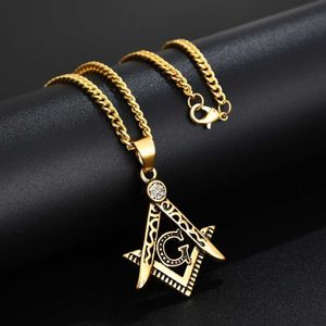 Pendant Necklaces Men's Gold Masonic Symbol Pendant Necklace Stainless Steel Fashion Punk Retro Freemason Pendant With 20-27" Cuban Chain T230413