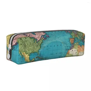 Vintage Map Print Square Pencil Case Världen 1897 Tonåring Kawaii Leather Box Elementary School dragkedja penna