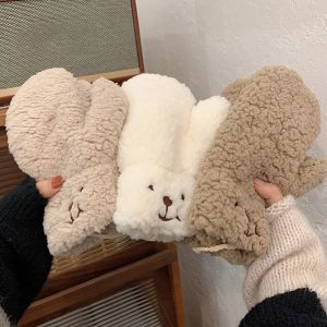 Soft Plush Gloves Cartoon Bear Embroidery Neck Hanging Gloves Women Winter Warm Full Finger Mittens Outdoor Windproof Gloves