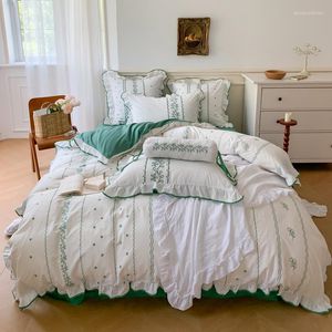 Bedding Sets French Style Washed Cotton Embroidery Set Duvet Cover Linen Fitted Sheet Pillowcases Home Textiles