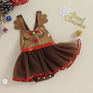 Sets Tregren 0 24M born Infant Baby Girls Christmas Deer Romper Dress Tulle Patchwork Sleeveless Bodysuit Cute Festival Clothes 231113