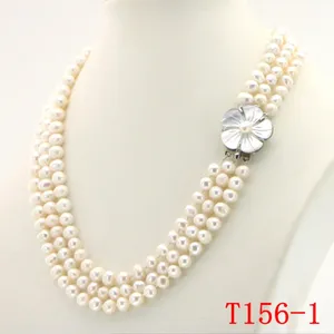 Ожерелья с подвесками Wubianlu, 3 ряда, 7-8 мм, ожерелье из белого пресноводного жемчуга, цепочка с цветочными пуговицами, ювелирные изделия для женщин и девочек, банкет, 17-19 дюймов, мода