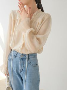 Women's Blouses Spring And Autumn Light Thin Comfortable Artificial Silk Shirt Fashion Casual Elegant Ruffled Lace Up Blouse Korean Clothes
