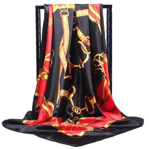 Belt Gaohe Chain Pattern 90cm Large Square Simulated Silk Satin Scarf for Women