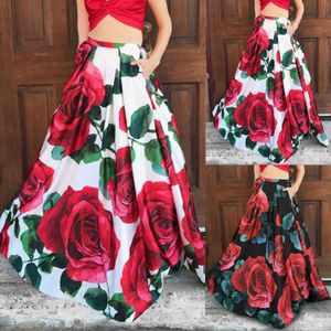 Kjolar mode blomma tryckt kvinnor bohemiska maxi kjolar hög midja lång kjol casual lös strand party rumpa plus size klänning 230414