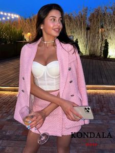 Women's Suits Blazers KONDALA Vintage Chic Pink Blazer Suit Women Fashion 2023 Autumn Winter Oversized Long Blazer High Waist Shorts Skirt Elegant Set 231114