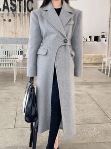 Womens Wool blandar enkel trend Long Coat Korean Chic Coats Chemisier Femme oregelbundna överrockar Kaschmir Mantel Autumn M151 231114