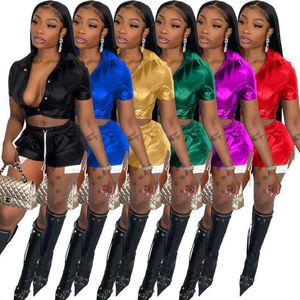 Abbigliamento firmato da donna Tuta sexy Tasca profonda Divisa in pelle PU Anteriore corto Dietro Pantaloni corti lunghi Set a due pezzi con colori caramellati Disponibili in più colori