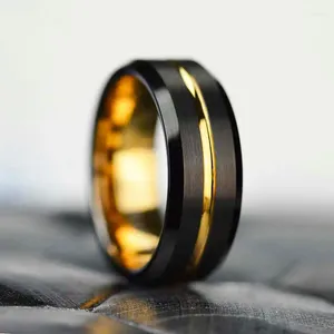 Wedding Rings Fashion 8MM Men Stainless Steel Gold Color Groove Beveled Edge Engagement For Anniversary Jewelry