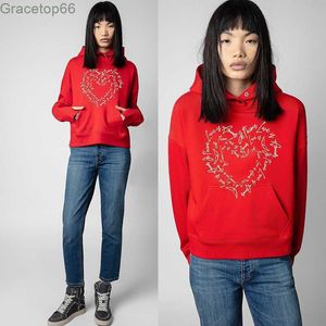 Kadın Hoodies Sweatshirts Zadig Voltaire Tide Tasarımcıları Spor Giyim Mektubu Patchwork Sıcak Elmas İç Astar Polar Kırmızı Kadın Hoodie Klasik Moda P