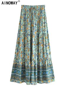 Kjolar vintage chic mode kvinnor strand bohemisk blommig tryck hippie kjol hög elastisk midja gotisk a-line boho maxi kjolar femme 230414