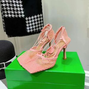 Women Cross-Tied High Heel SPARKLE STRETCH Sandals Slippers Leather Mesh Ankle Strap Sandal Slides Top Designer Ladies Office Party Wedding Shoes Dress Shoes 35-42