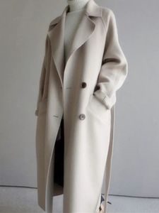 여성 양모 블렌드 베이지 색 모직 재킷 여성 가을 ​​겨울 캐주얼 옷깃 롱 코트 여성 우아한 빈티지 한국 패션 느슨한 대형 외투 231114