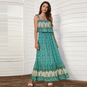 Casual Dresses Summer Fashion Green Sexy Midi Dress For 2023 Women Bohemian Wedding Guest Long High midja mjuk maxi Robe Vestido