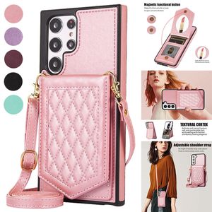 Capa de couro magnética tipo carteira com cordão crossbody para Samsung Galaxy S22 Ultra S21 Plus S23 S20fe A53 A13 RFID com compartimentos para cartões e bolso com espelho