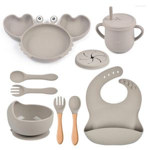 Dinnerware Sets Baby Soft Silicone Tableware Set Feeding Dishes Plate Sucker Bowl Bibs Spoon Fork Children Non-slip 9PCS