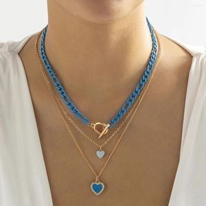 Pendant Necklaces IngeSight.Z Multi-layer Rhinestone Heart For Women Punk Vintage Blue Spray Paint Cuban Link Chain Choker Neck