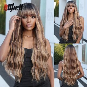 Synthetic Wigs Long Curly Highlight With Bangs Mixed Chocolate Brown Golden Blonde Hair for Black Women Afro Heat Resistant 230413