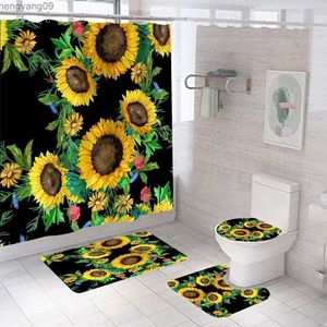 Shower Curtains Magic Sunflower Butterfly Shower Curtain Sets Black Yellow Art Country Flower Bathroom Decor Curtains Bath Mats Rug Toilet Cover R231114