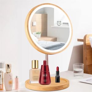 Compact Mirrors Three Light Deatchable Wooden LED Makeup Mirror Touch Screen Mirror Desktop Make Up Cosmetic Mirror Table Lamp USB Rechargable 2 231113